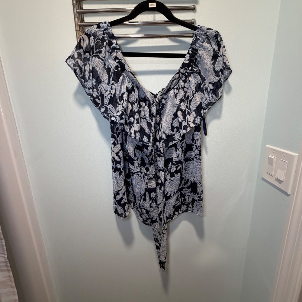 Tommy Hilfiger Paisley Blouse Navy Blue Large Boho Off Shoulder Summer Vacation